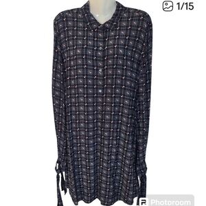 Equipment Navy and White Long Sleeve Dress with Pink Little Flowers